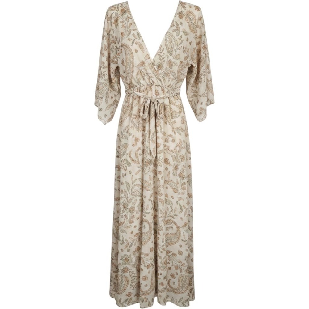 Kate & Lily Belted Floral Maxi Wrap Dress Tan Sage Sz 8 Romantic Prairie Boho
